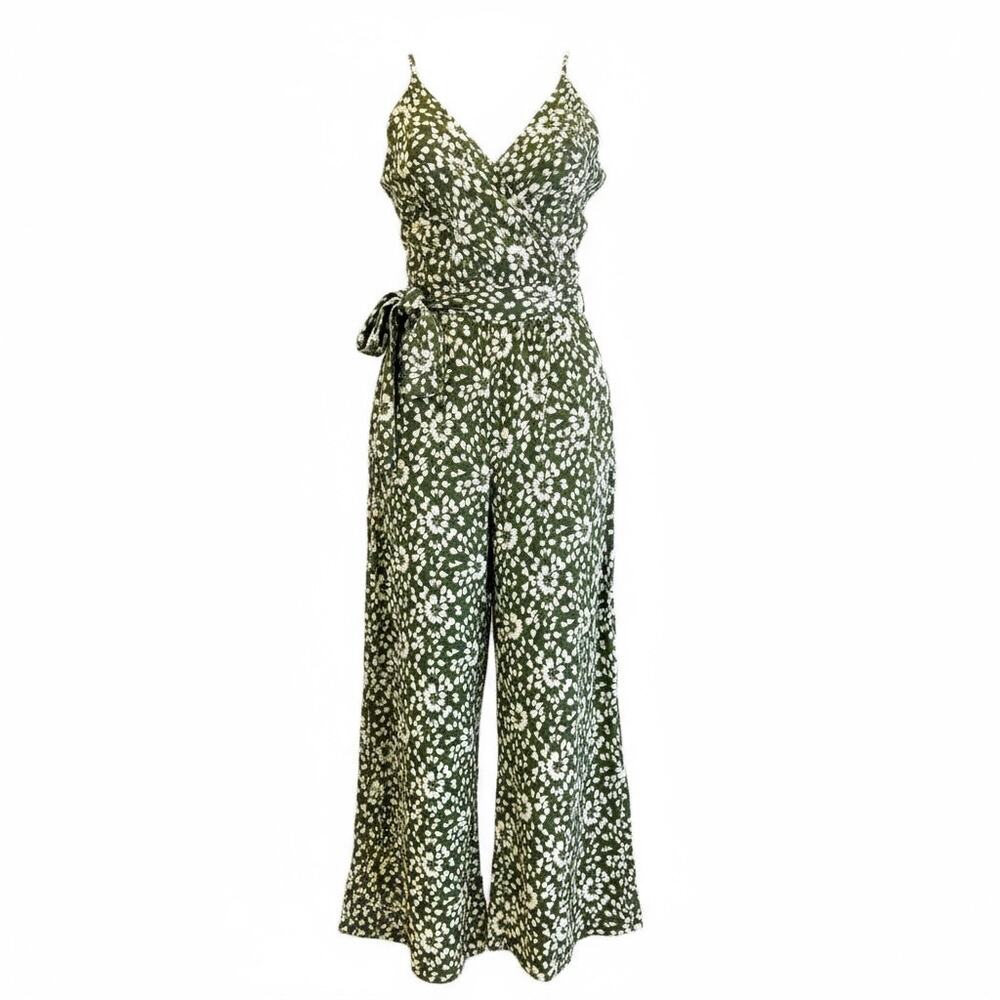 Olive Green Floral Wrap Jumpsuit with Tie Waist